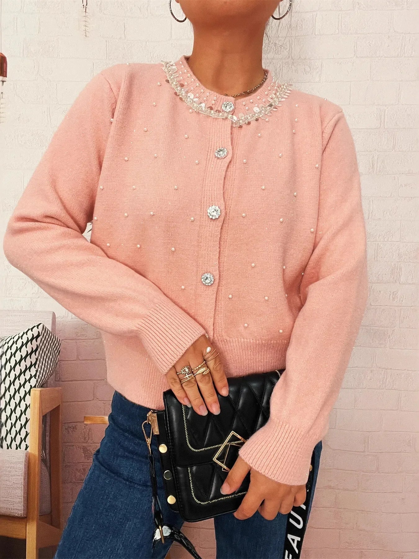Pearl Detail Button Front Cardigan Stretch Knit - Southern Shores Clothing