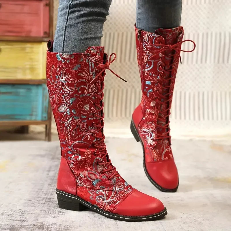 Embroidered Lace-Up Knee-High Boots With Mid Heel - Southern Shores Clothing