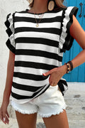 Ruffle Sleeve Striped Tee With Stretchy Fabric - Southern Shores Clothing