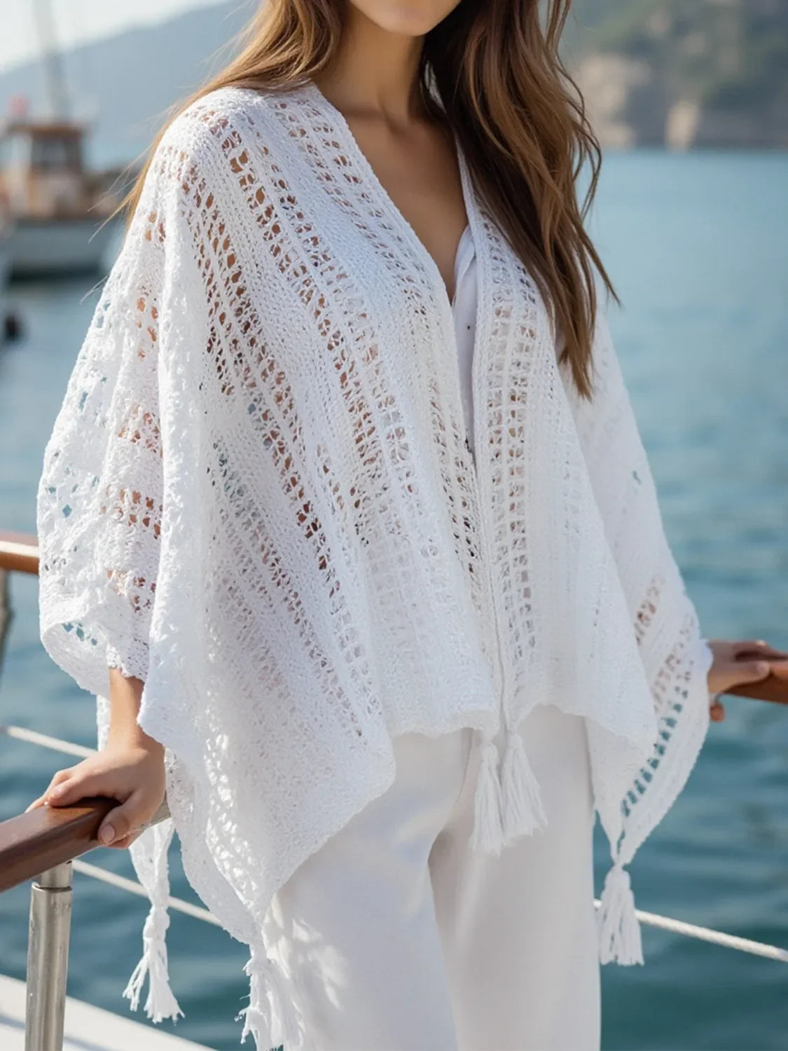 Openwork Tassel Open Front Knit Cover Up Kimono Lightweight - Southern Shores Clothing