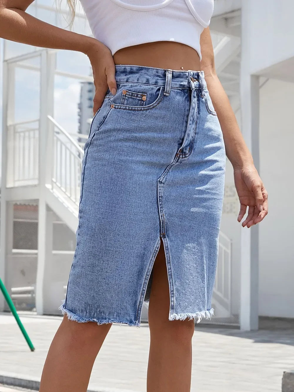 Stretchy Denim Slit Skirt With Raw Hem Detailing - Southern Shores Clothing