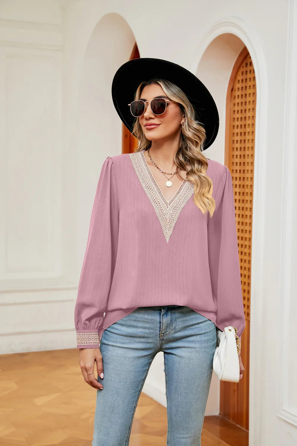 Contrast Puff Sleeve Blouse With Polyester Fabric - Southern Shores Clothing