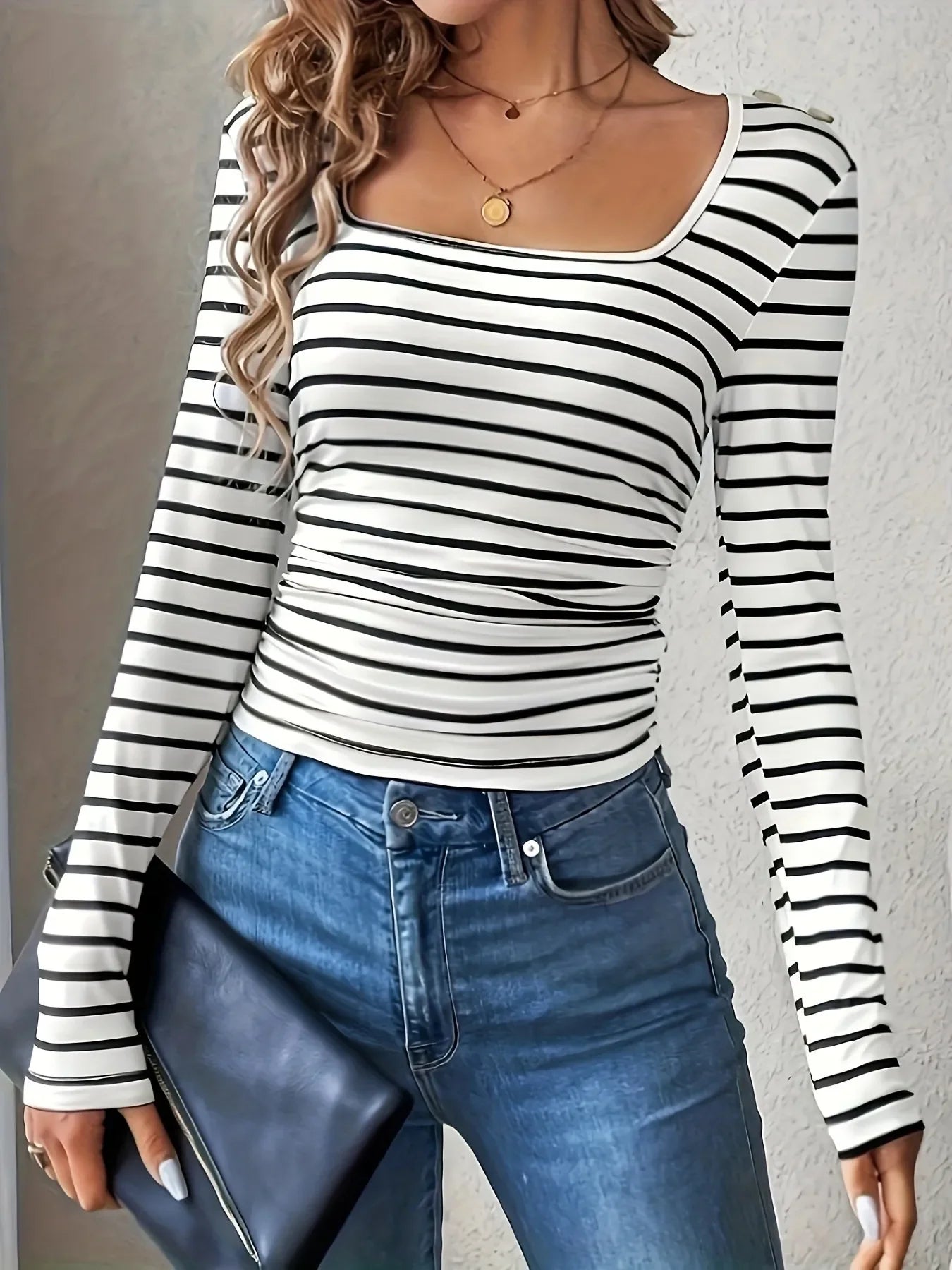 Striped Square Neck Long Sleeve Cotton Blend T Shirt - Southern Shores Clothing