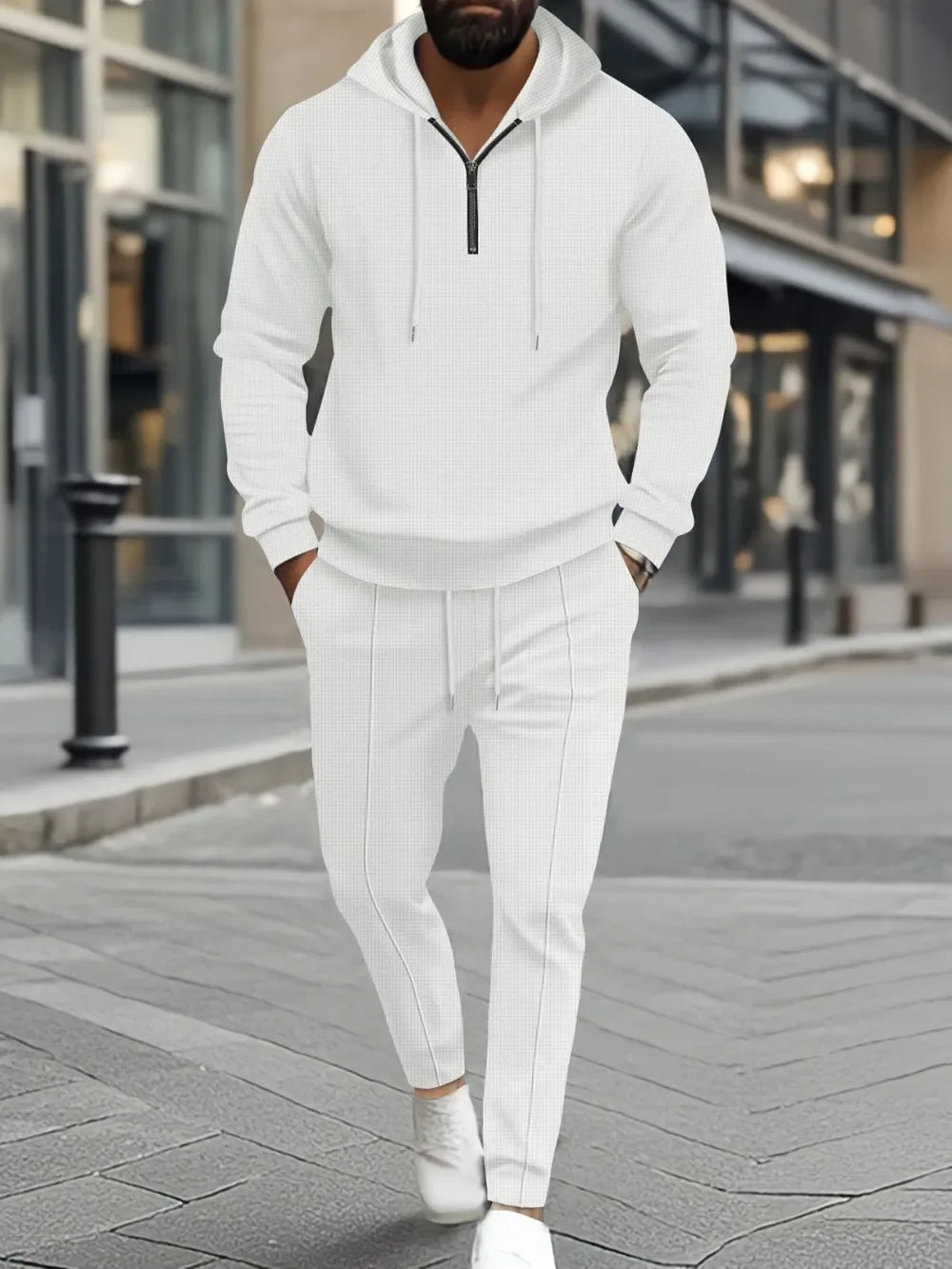 Men's Full Size Waffle-Knit Half Zipper Hoodie and Pants Set Plus Size - Southern Shores Clothing