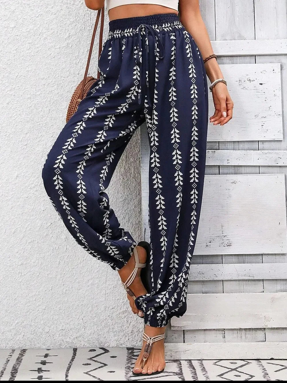 Tied Printed High Waist Wide Leg Pants With Drawstring Tie - Southern Shores Clothing