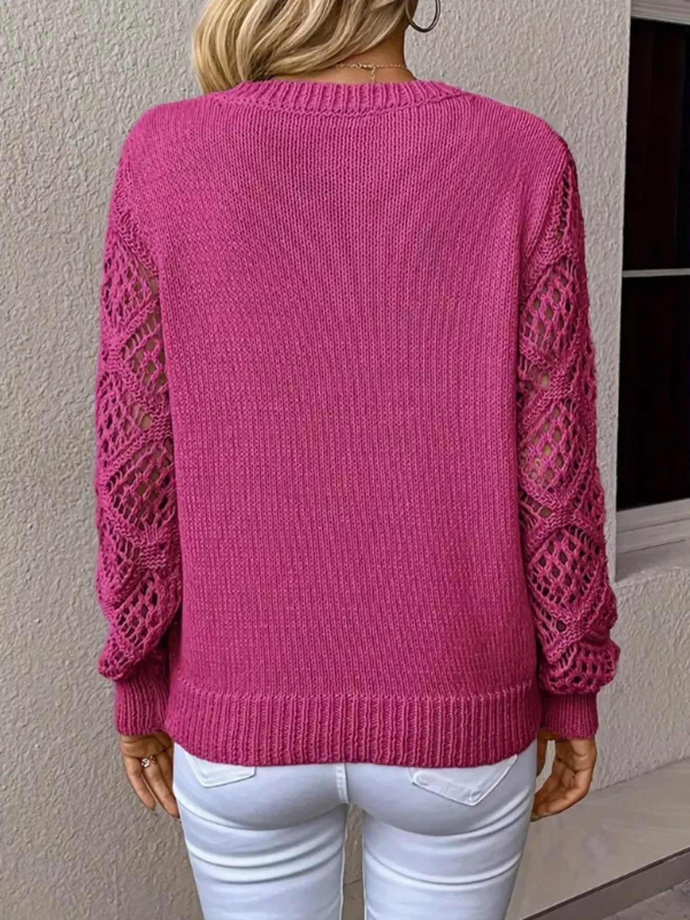 Openwork Stretch V-Neck Long Sleeve Sweater - Southern Shores Clothing
