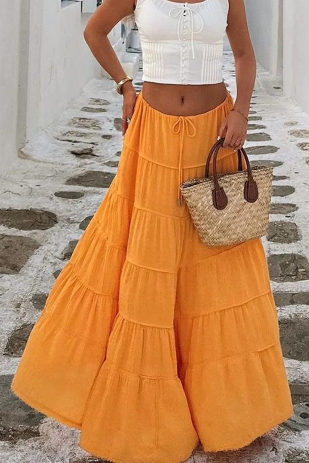 Coastal Bohemian Tiered Maxi Skirt with Drawstring Waist