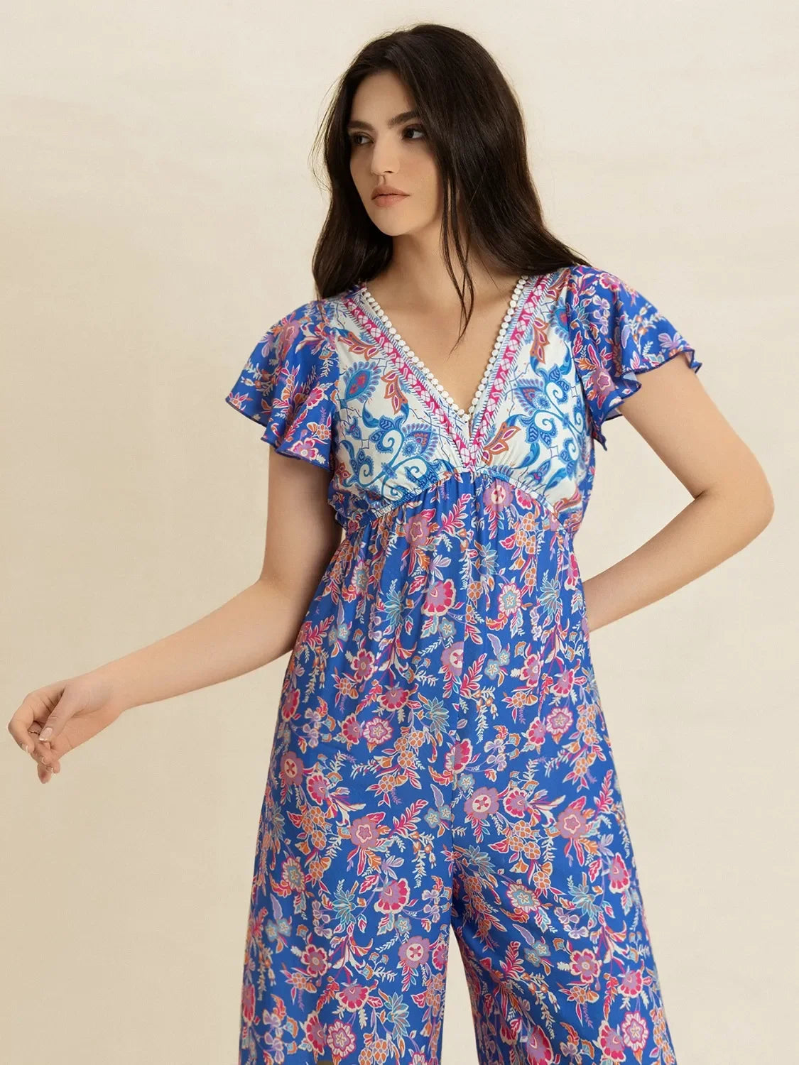 Printed V-Neck Flutter Sleeve Wide Leg Jumpsuit Elastic Waist - Southern Shores Clothing
