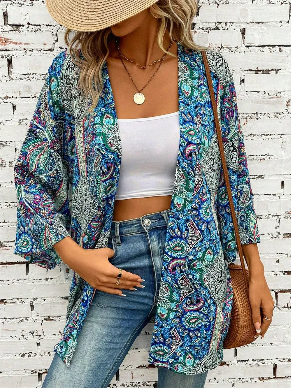 Printed Open Front Three-Quarter Sleeve Cover Up One Size - Southern Shores Clothing