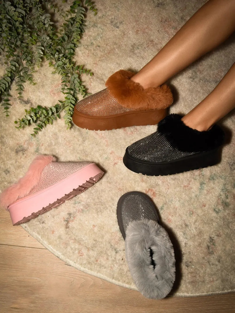Embellished Faux Fur Platform Ankle Booties