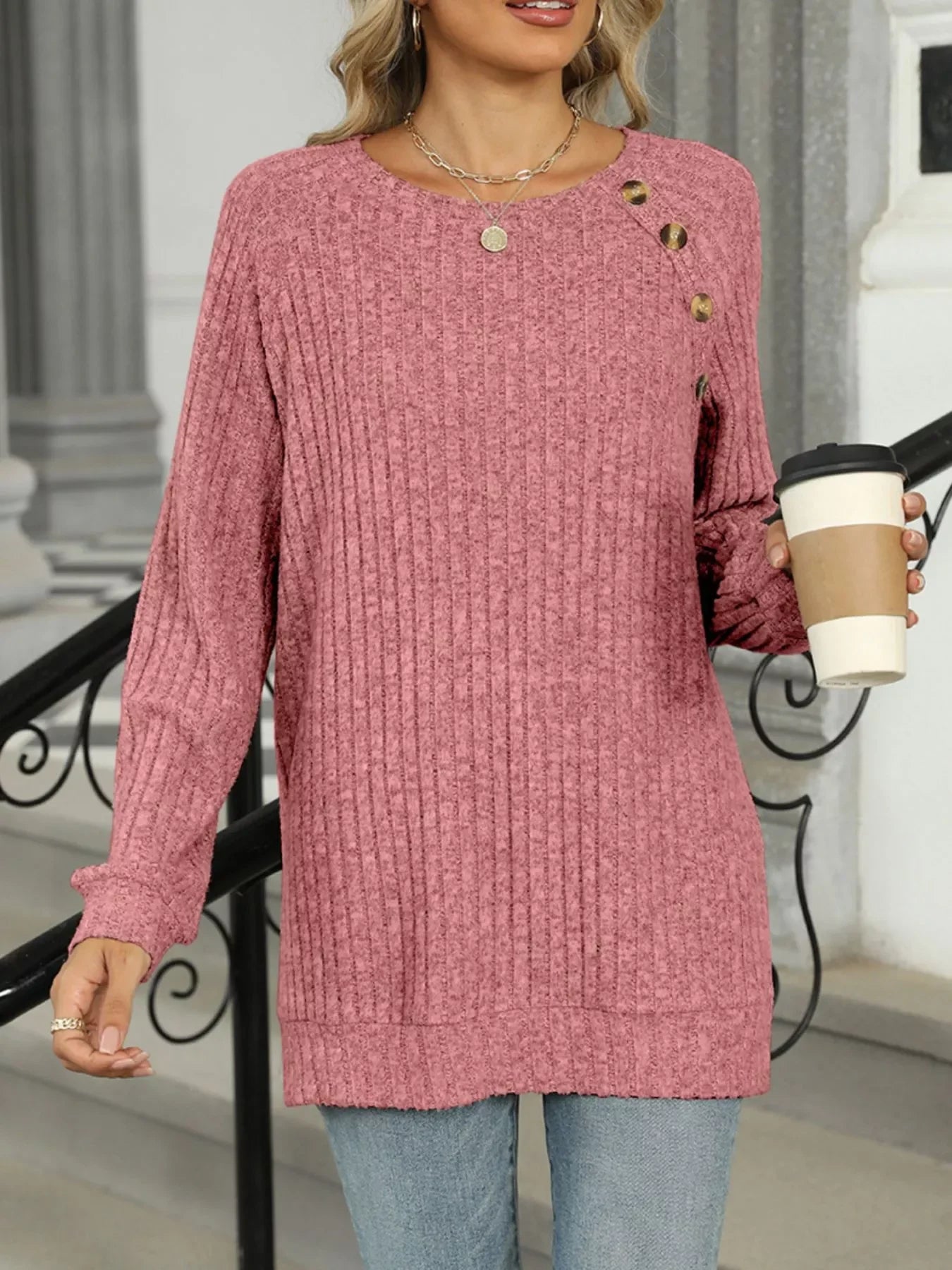 Round Neck Side Slit Ribbed Knit Top with Asymmetric Button Detail - Southern Shores Clothing