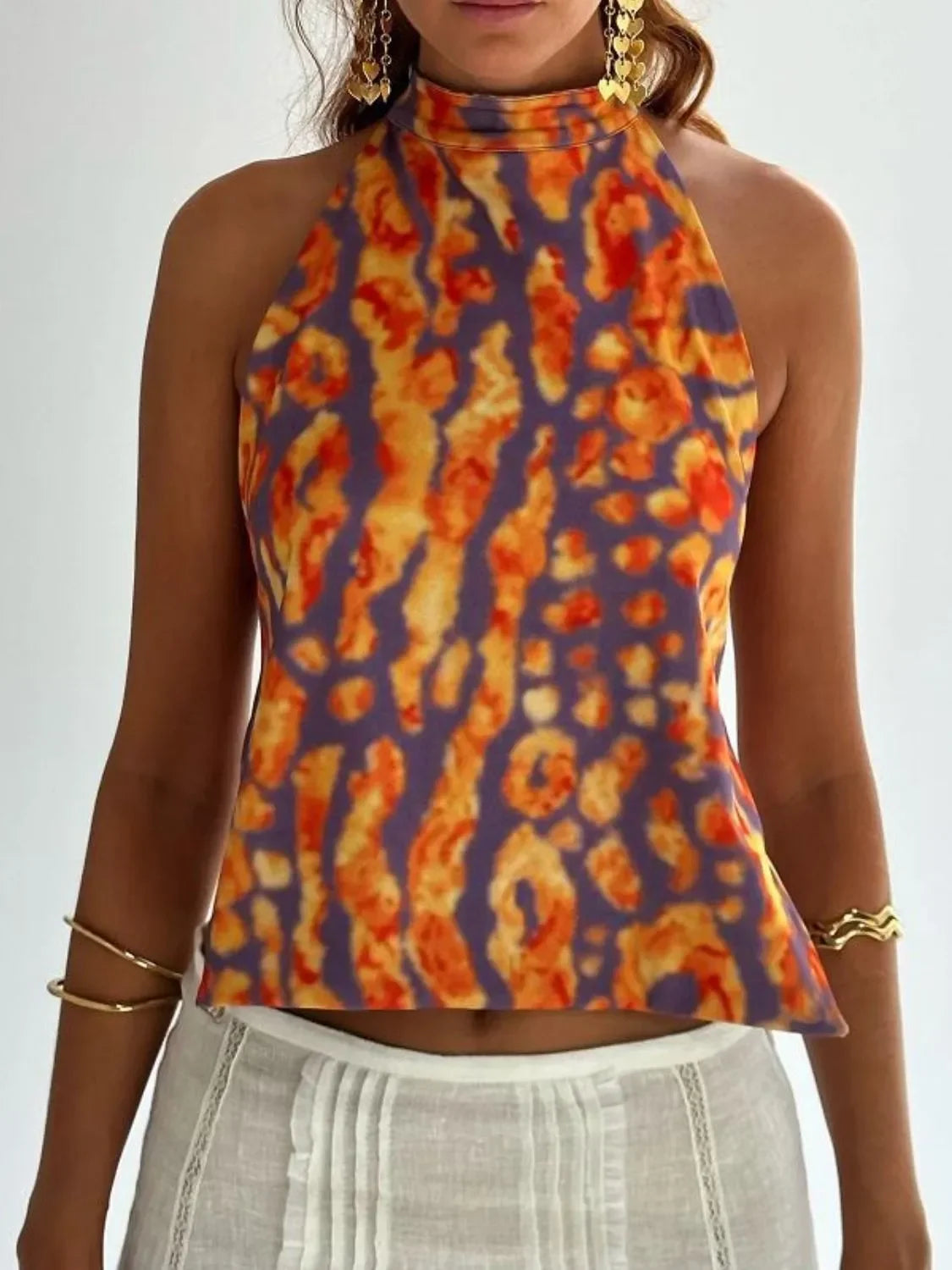 Backless Printed Halter Neck Tank Top With Slight Stretch - Southern Shores Clothing