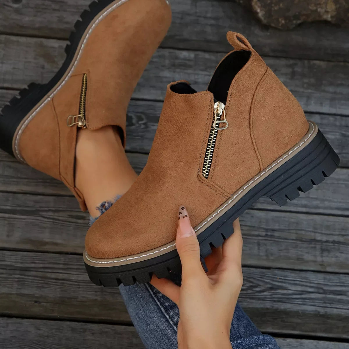 Suede Ankle Boots With Zipper Detail Mid Heel - Southern Shores Clothing