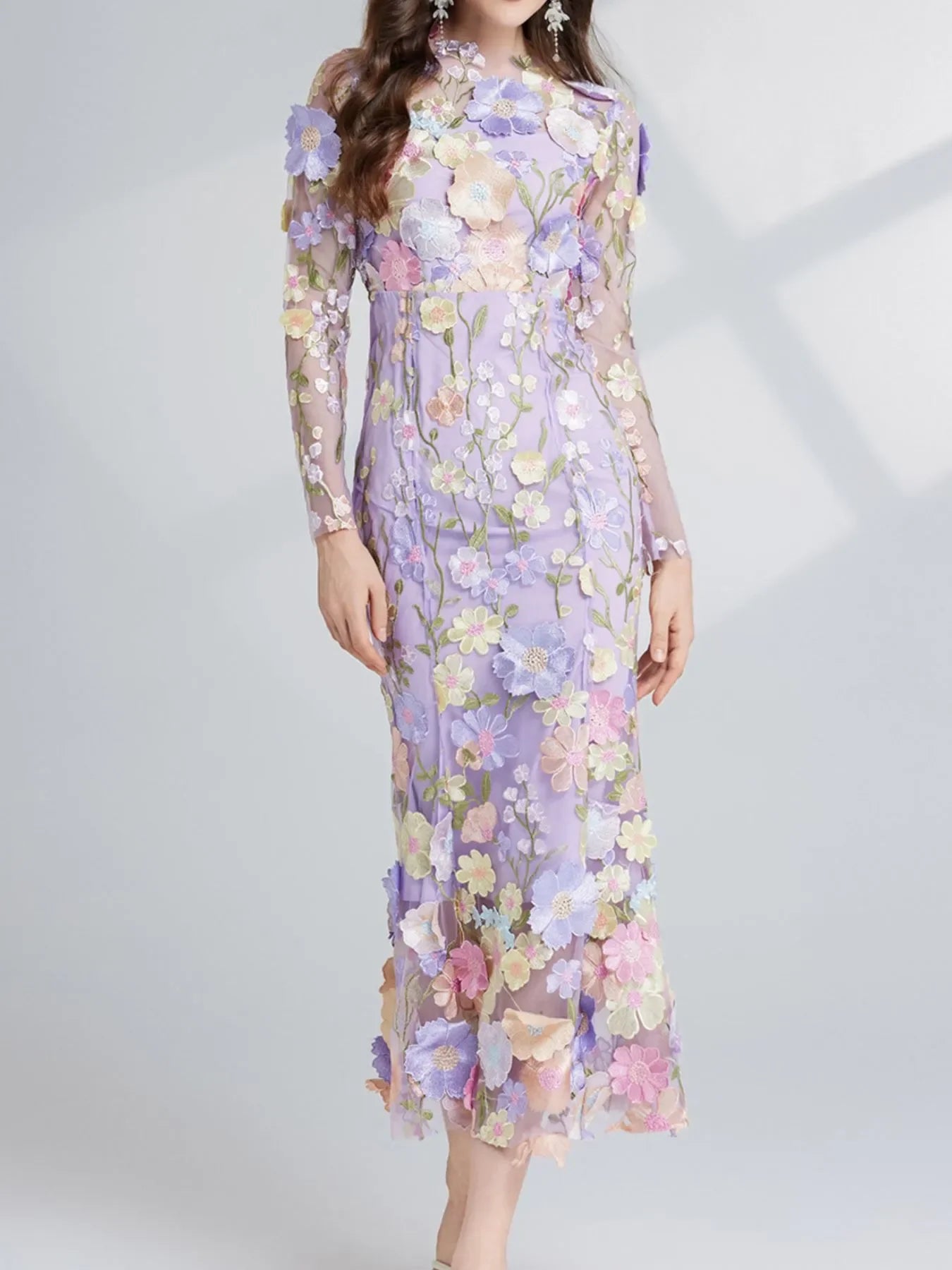 Floral Embroidered Magnolia Mesh Long Sleeve Midi Dress - Southern Shores Clothing