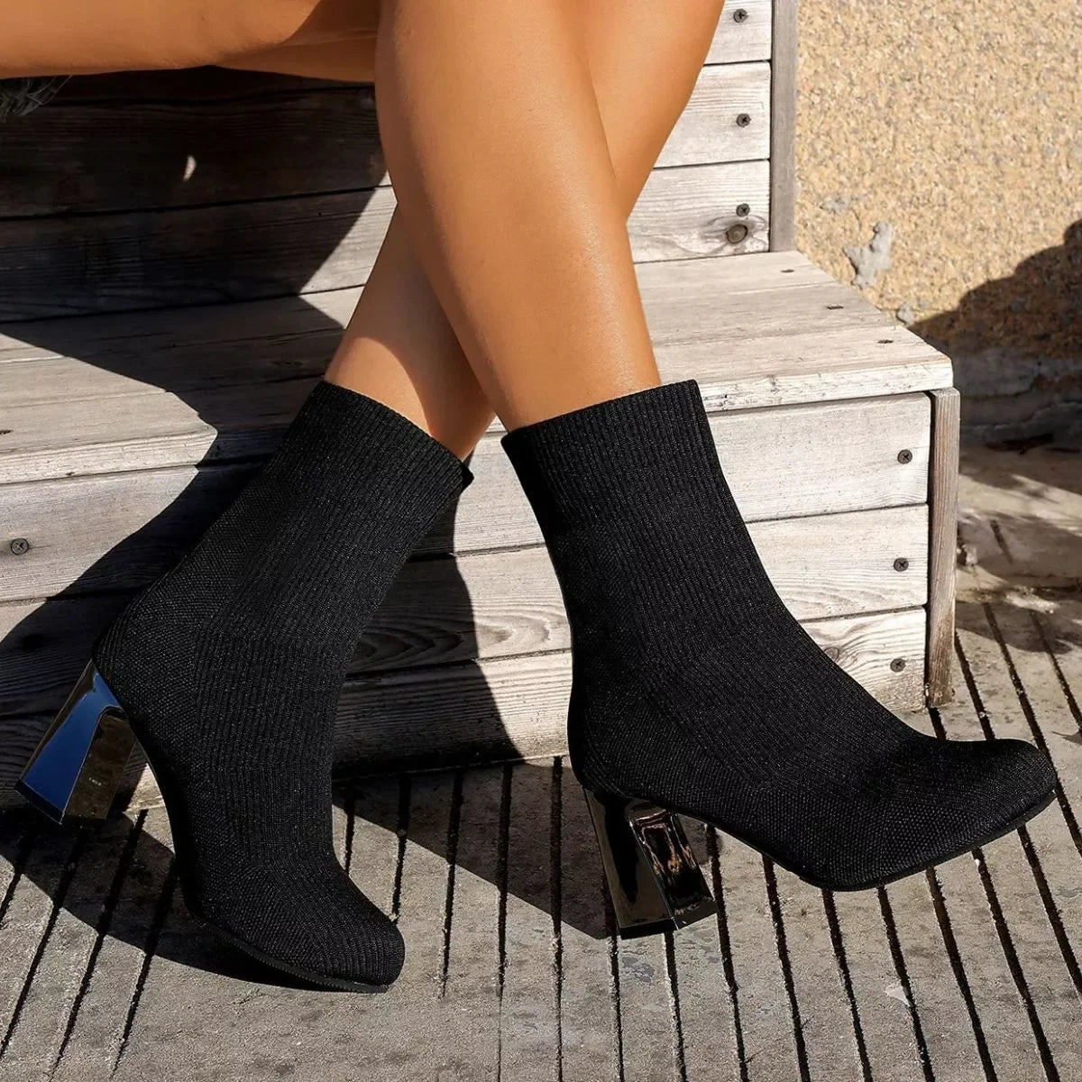 Round Toe Block Heels Boots Mesh Rubber Imported
