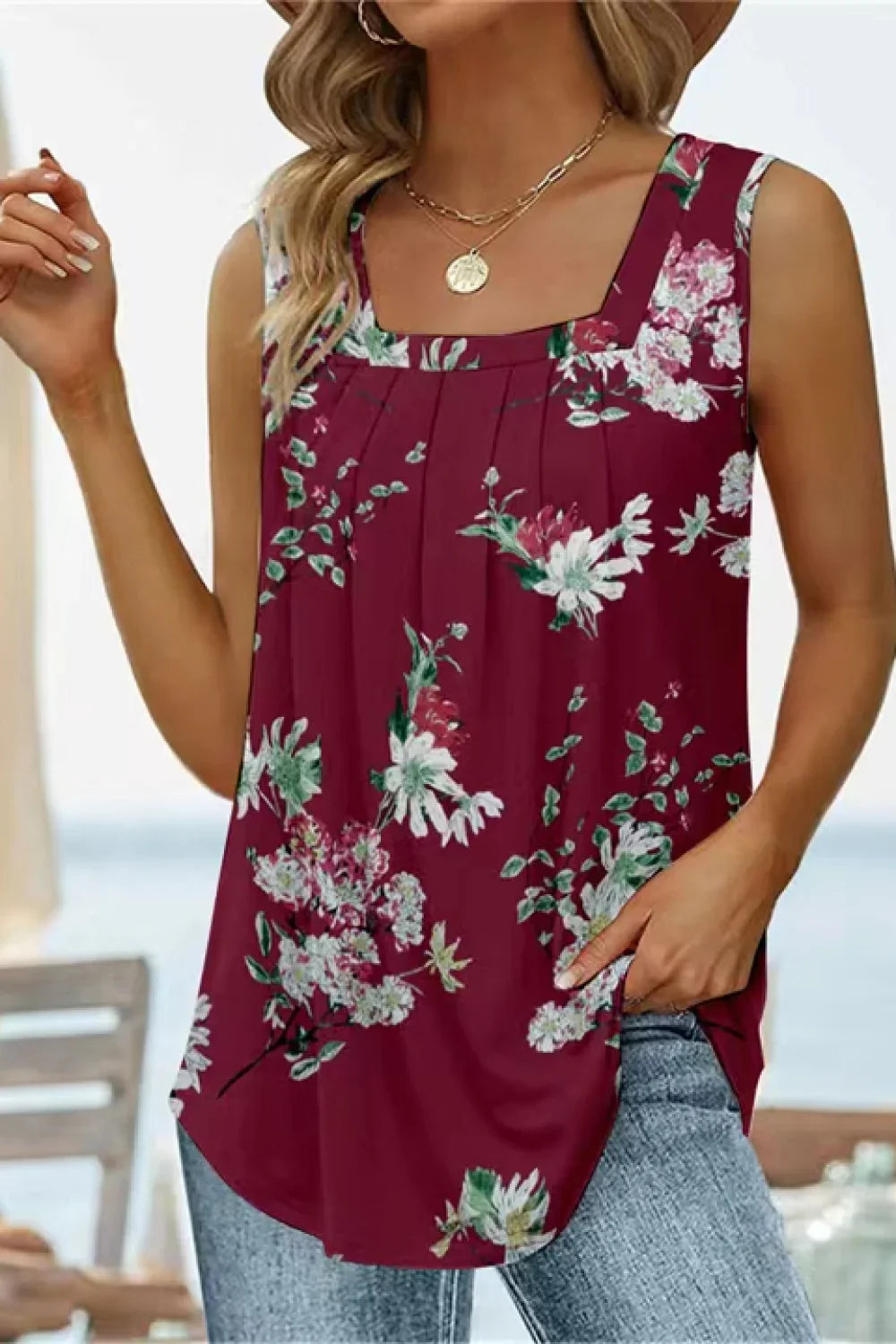 Printed Floral Square Neck Stretch Tank Top - Southern Shores Clothing