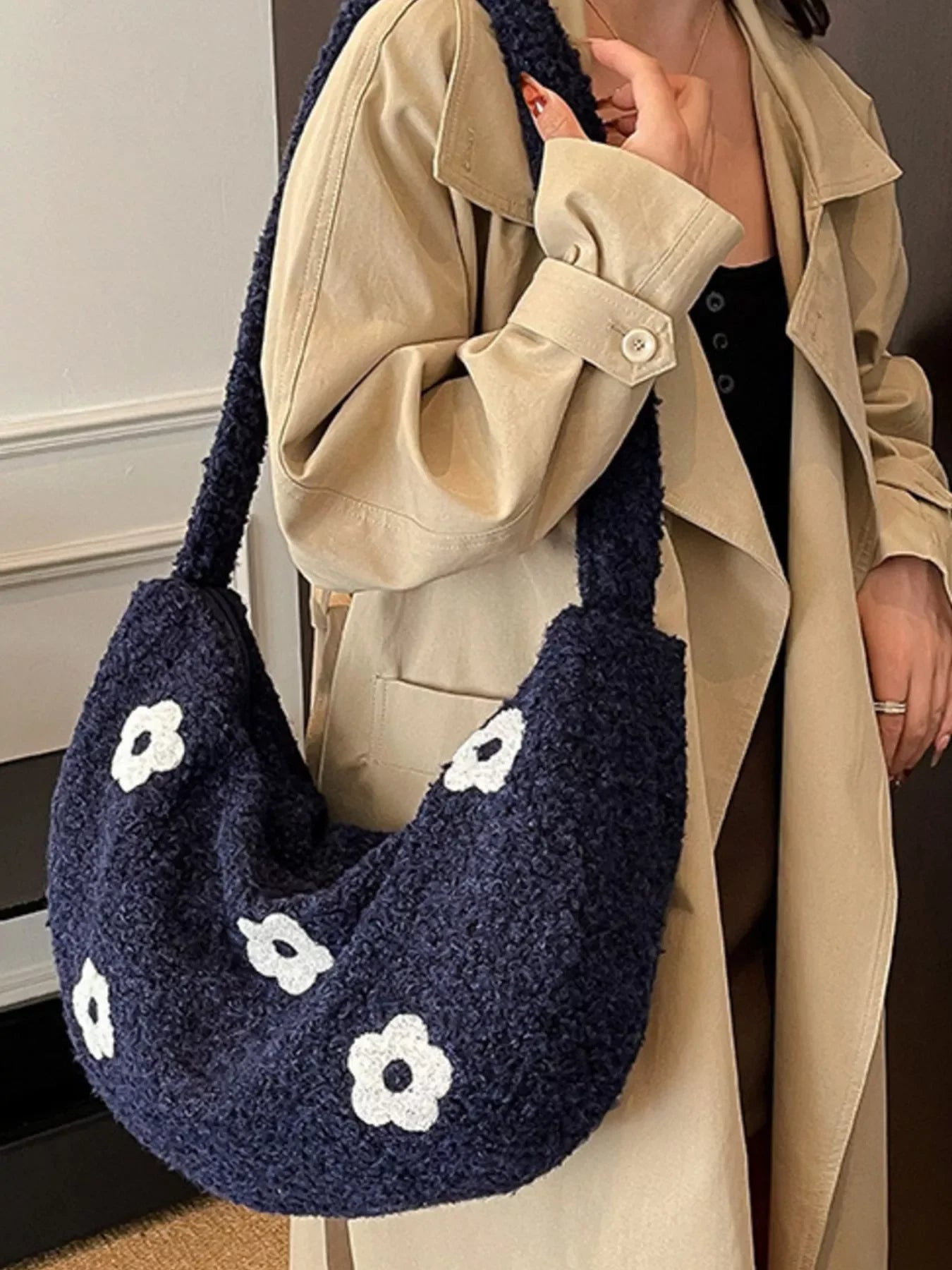 Floral Plush Crossbody Bag With Soft Pile Fabric - Southern Shores Clothing