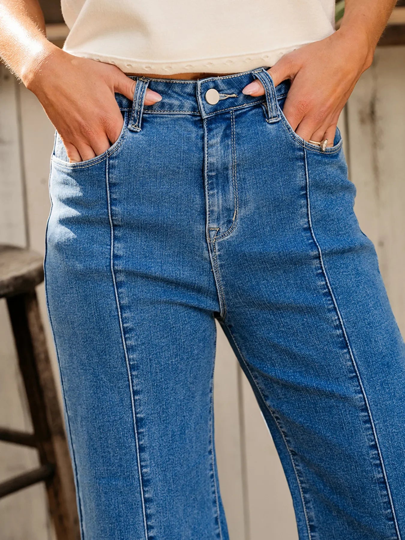 Coastal Seam Detail Flared Bottom Ankle Length Denim Jeans - Southern Shores Clothing