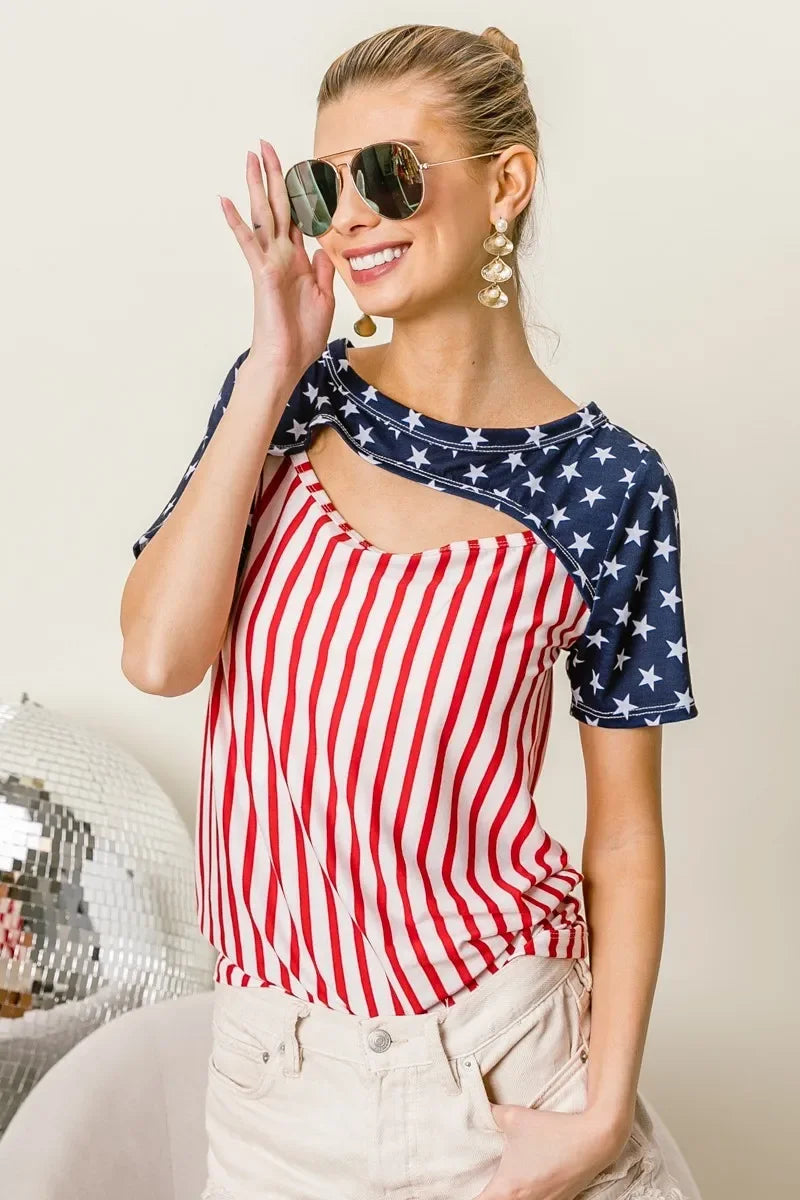 American Flag Front Cut Out T Shirt Top Lightweight - Southern Shores Clothing