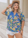 Plus Size Printed Notched Short Sleeve Blouse - Southern Shores Clothing
