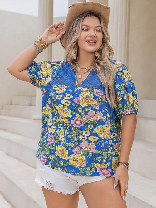 Plus Size Printed Notched Short Sleeve Blouse - Southern Shores Clothing
