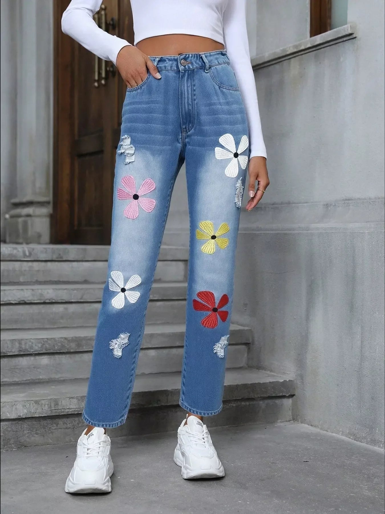 Coastal Floral Embroidered High Waist Distressed Jeans - Southern Shores Clothing