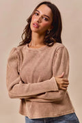 Mineral Washed Waffle Top With Puff Sleeves - Southern Shores Clothing