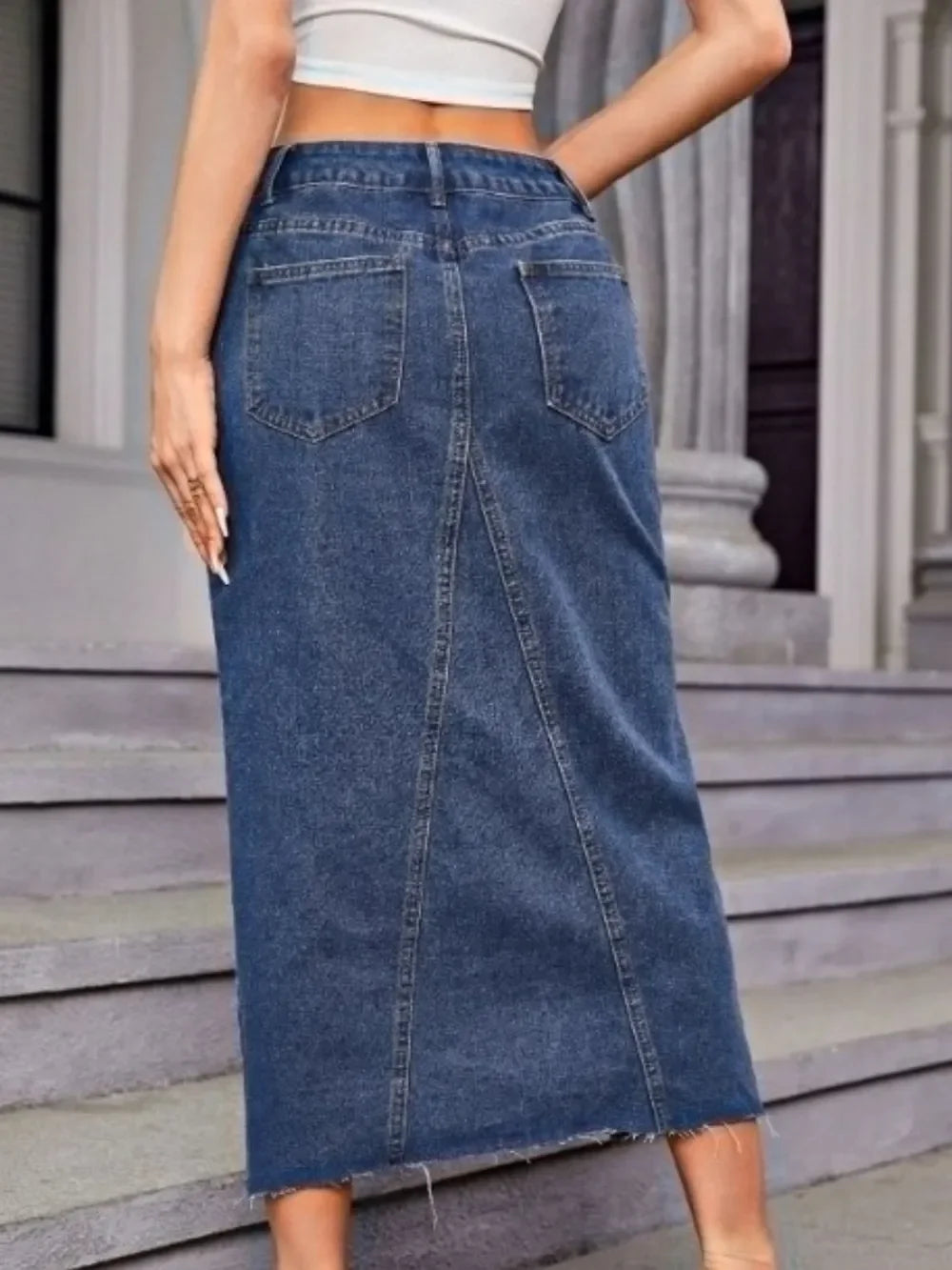 Slit Midi Denim Skirt With Pockets Casual - Southern Shores Clothing