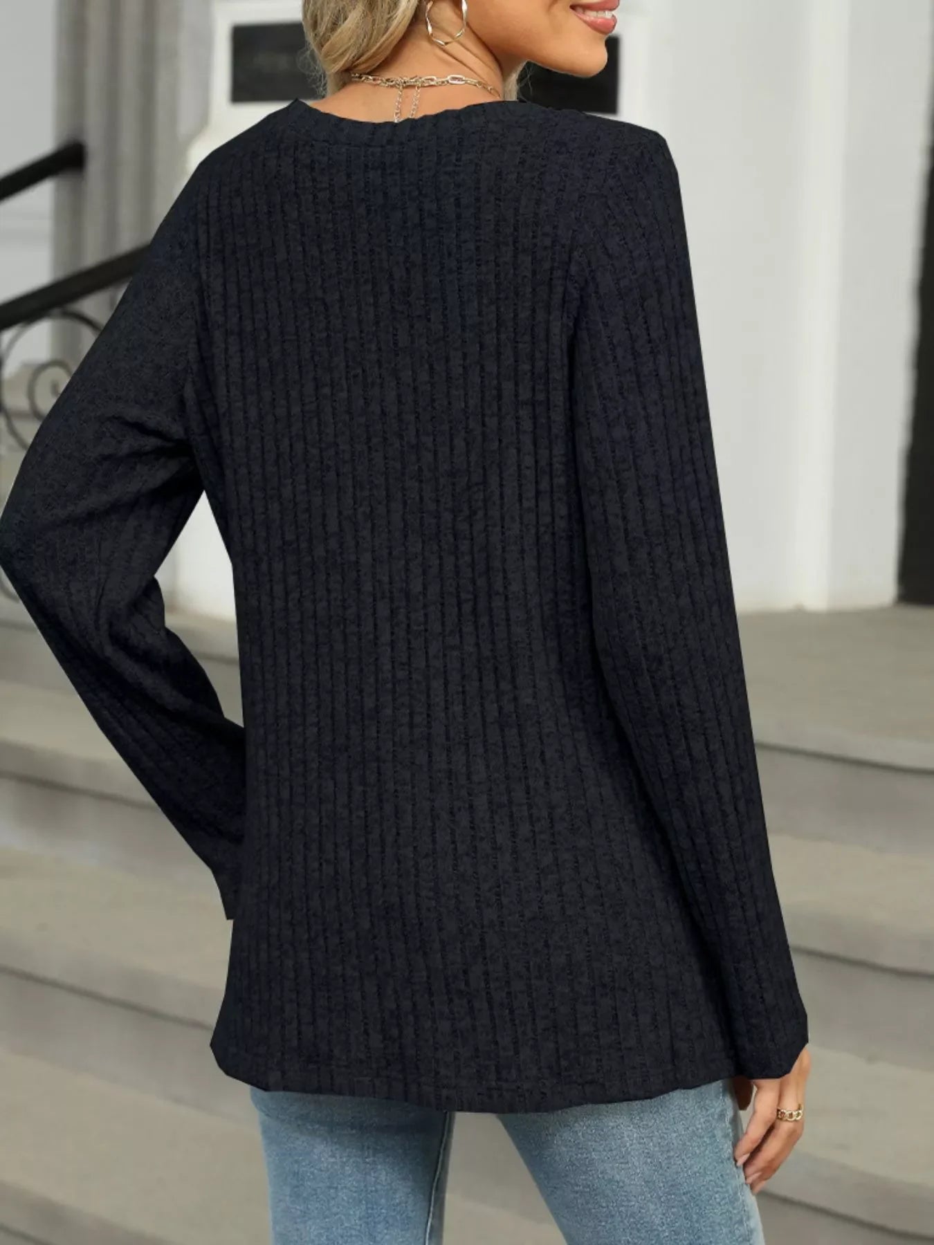 Ribbed Round Neck Long Sleeve Top - Southern Shores Clothing