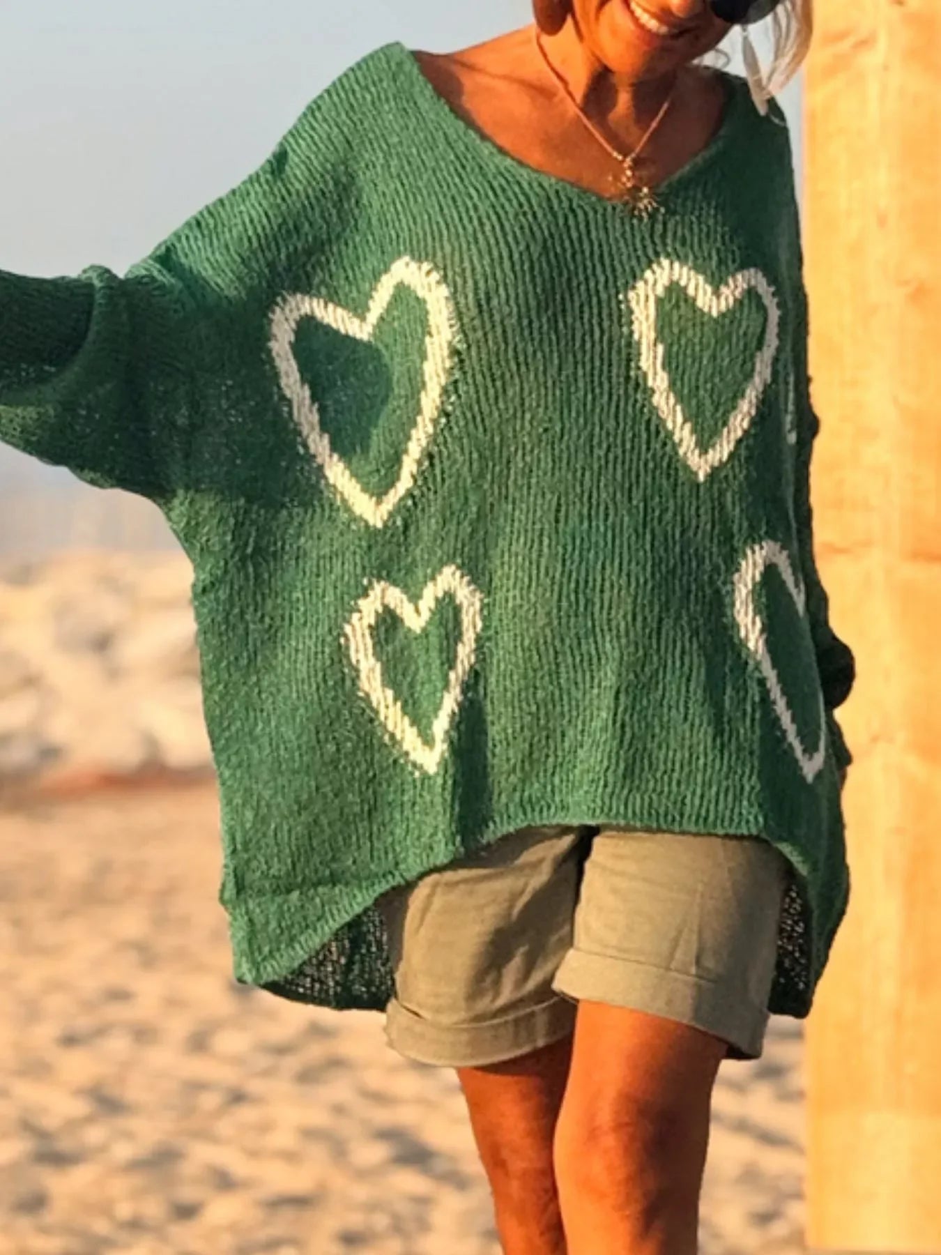 Heart V-Neck Dropped Shoulder Sweater | Southern Shores Clothing - Southern Shores Clothing