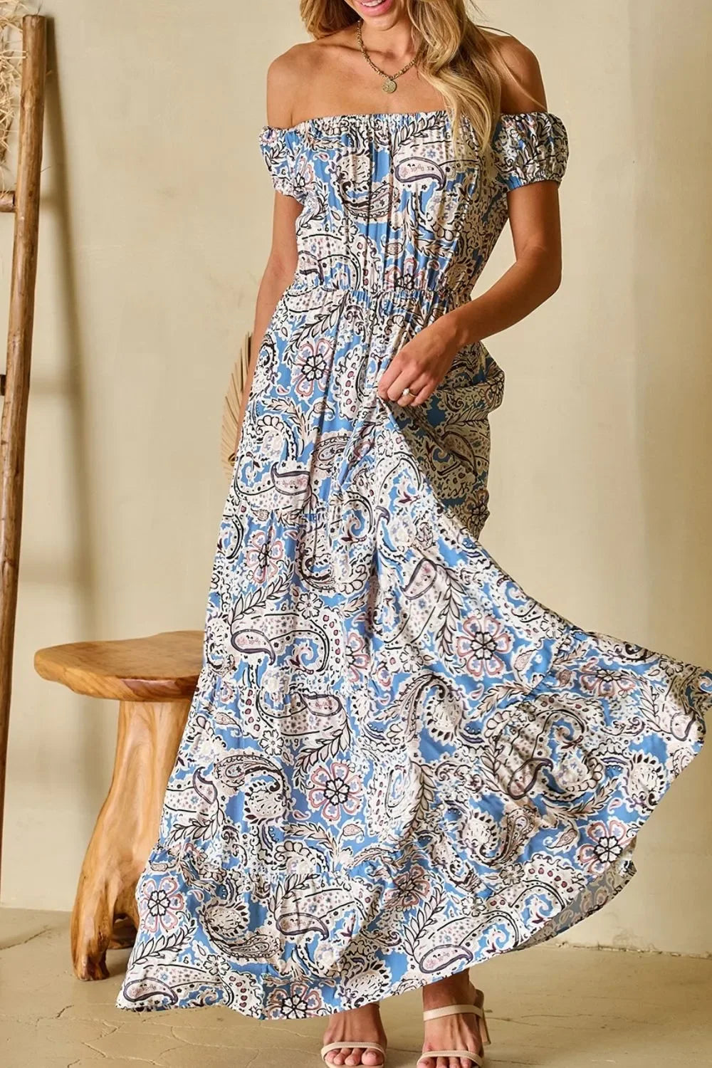 Boho Paisley Off Shoulder Maxi Dress With Elastic Waist - Southern Shores Clothing