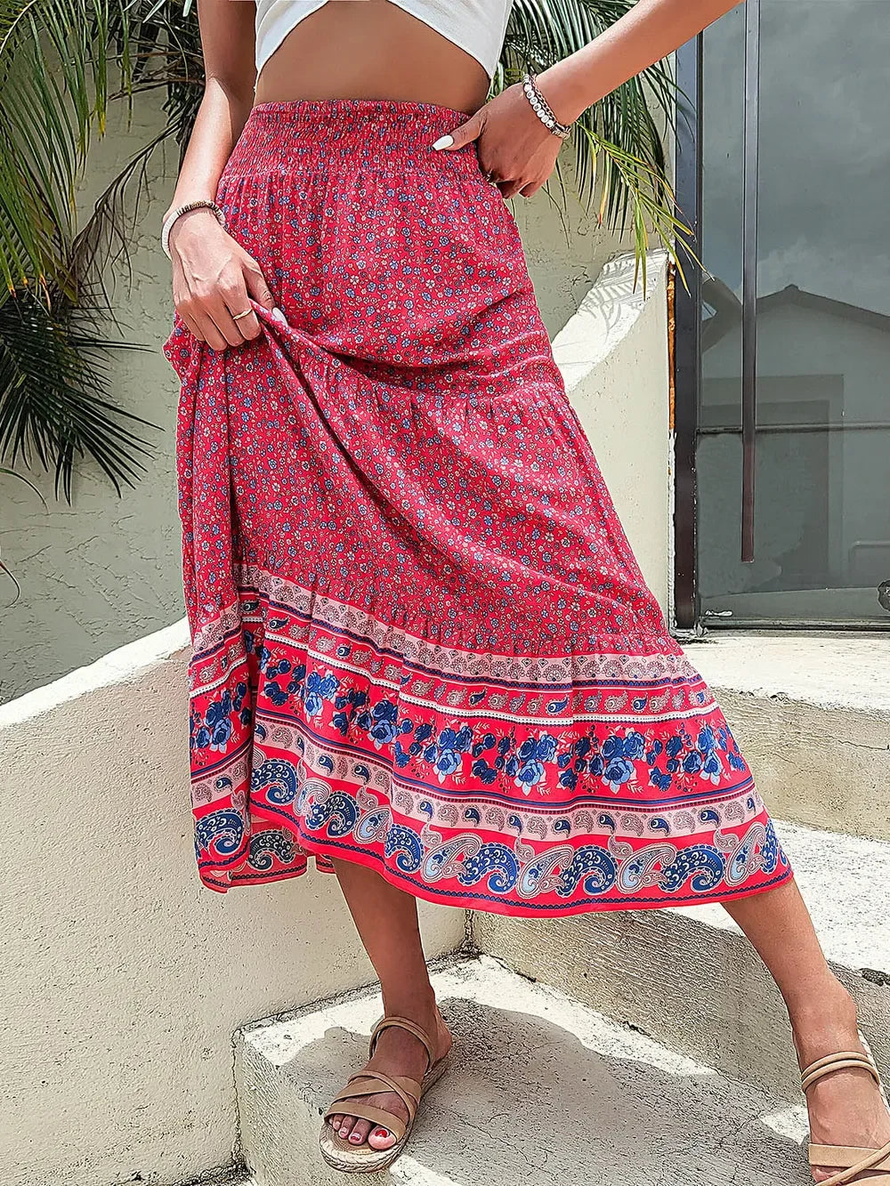 Printed Tiered High Waist Skirt With Allover Print - Southern Shores Clothing