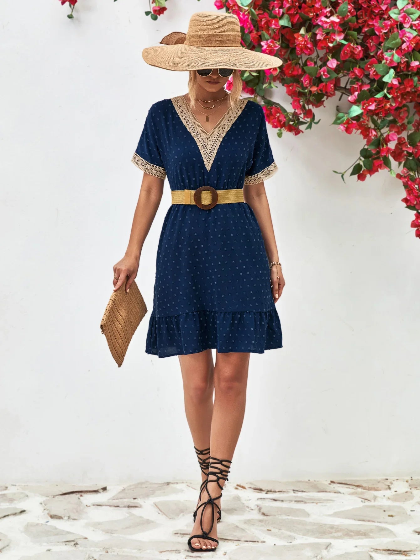 Contrast V-Neck Short Sleeve Mini Dress - Southern Shores Clothing