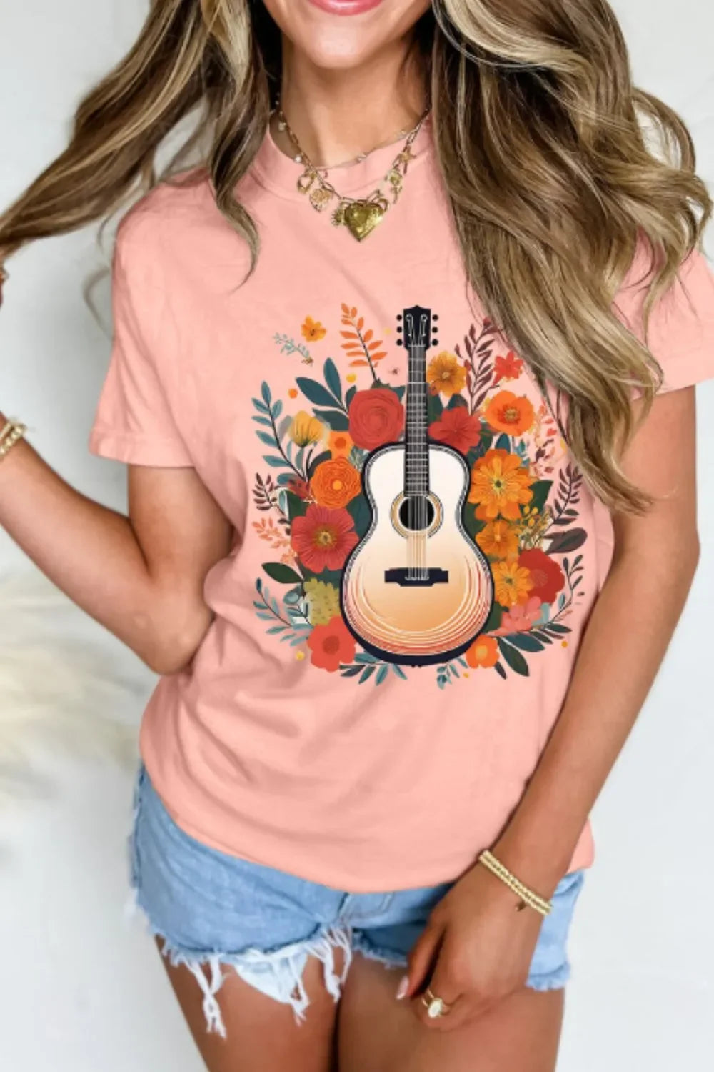 Guitar Flower Print Crew Neck T Shirt Loose Fit - Southern Shores Clothing