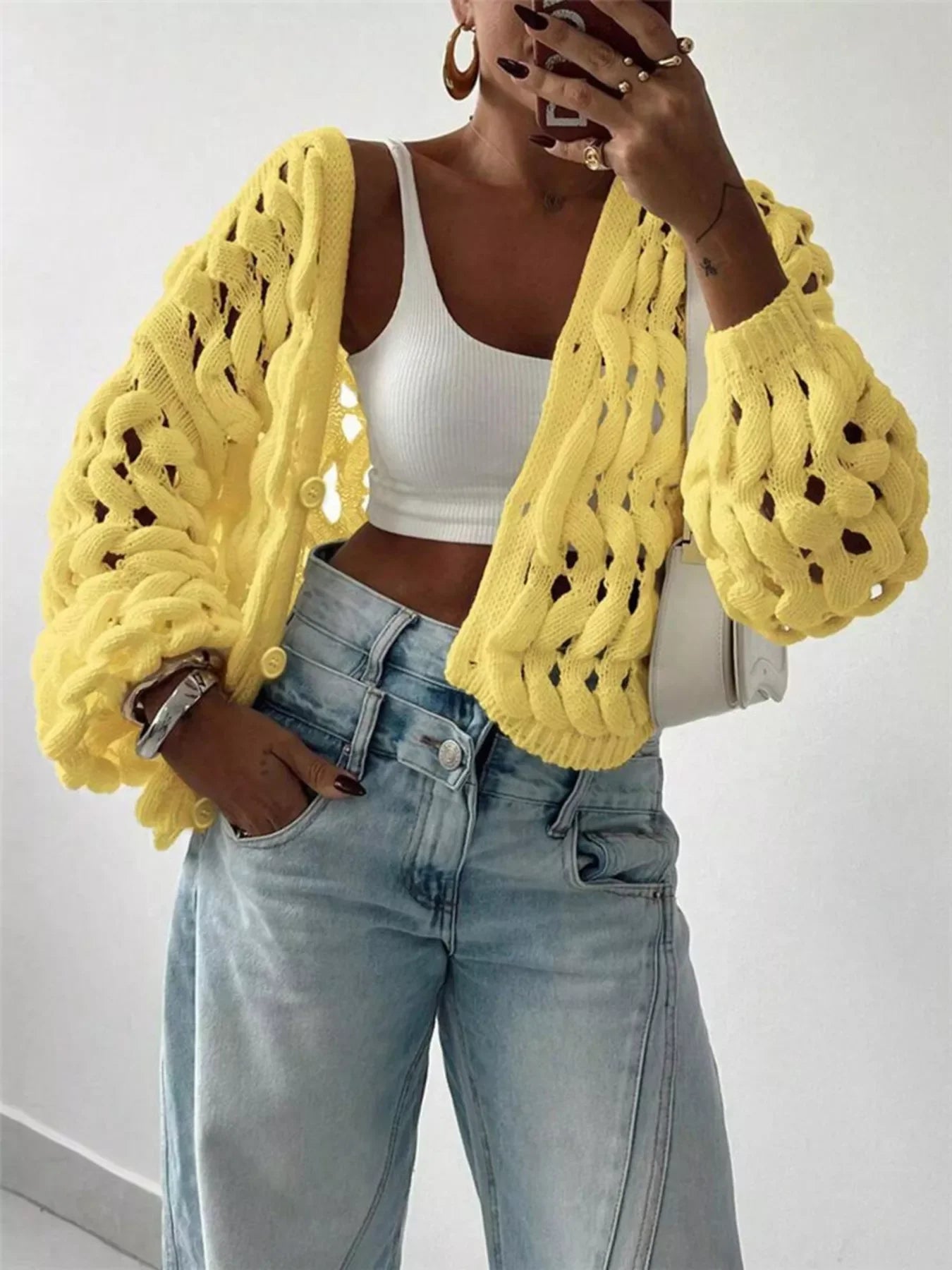 Openwork Button Up V-Neck Cardigan With Stretch Knit - Southern Shores Clothing