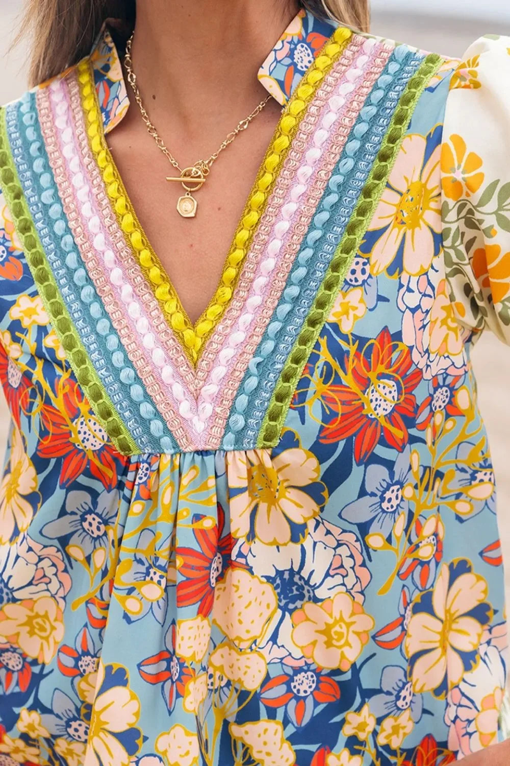 Crochet V Neck Boho Floral Blouse With Half Sleeve Casual - Southern Shores Clothing
