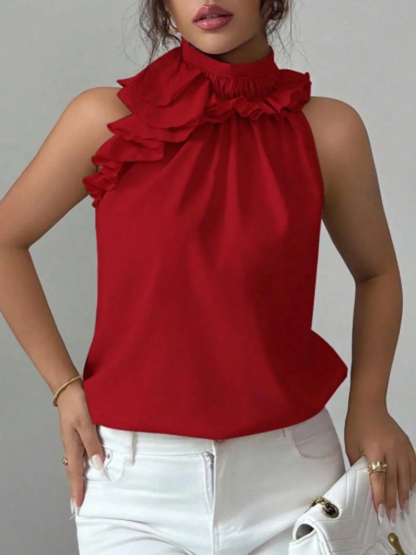 Ruffled High Neck Sleeveless Top With Draped Silhouette Detail - Southern Shores Clothing