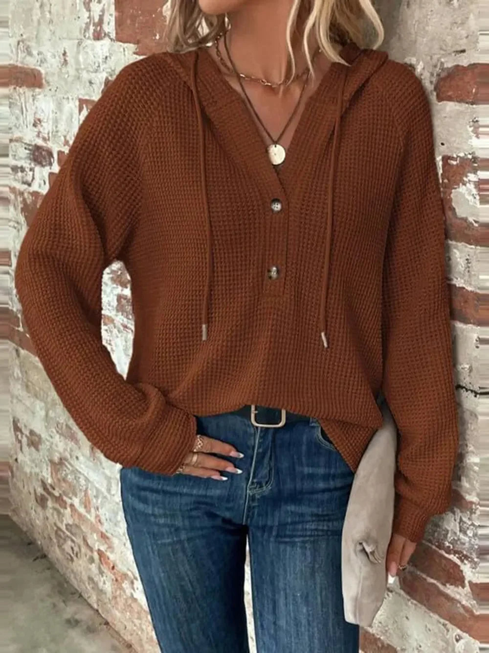 Waffle Knit Long Sleeve Drawstring Hooded Top - Southern Shores Clothing