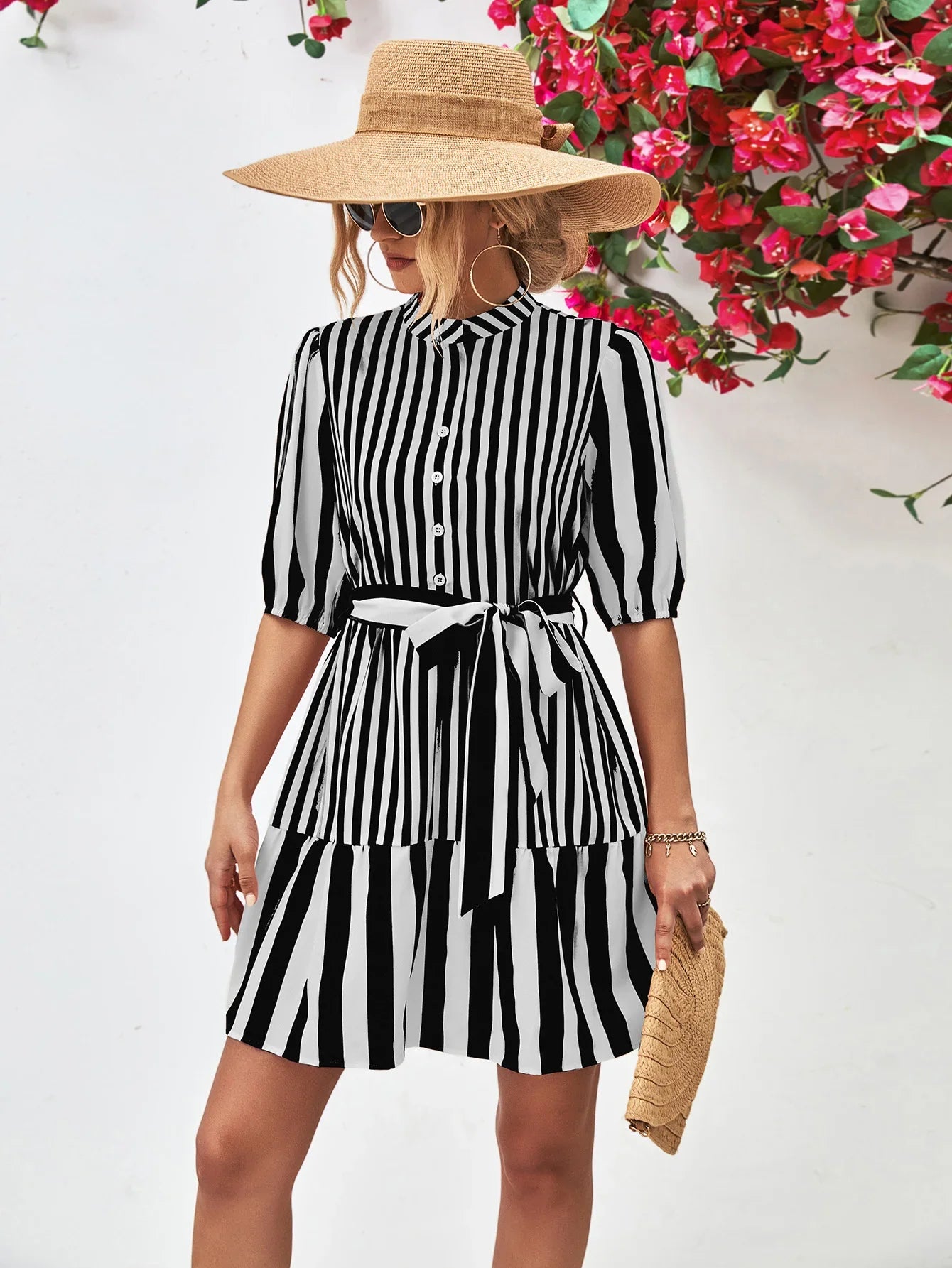 Striped Half Sleeve Tie Waist Mini Dress - Southern Shores Clothing