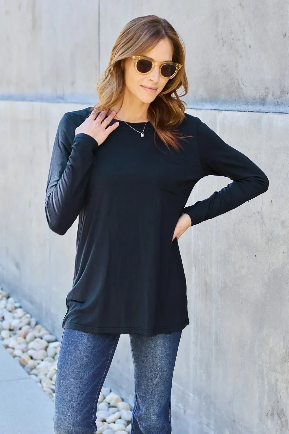 Round Neck Long Sleeve Top With Pockets Classic - Southern Shores Clothing
