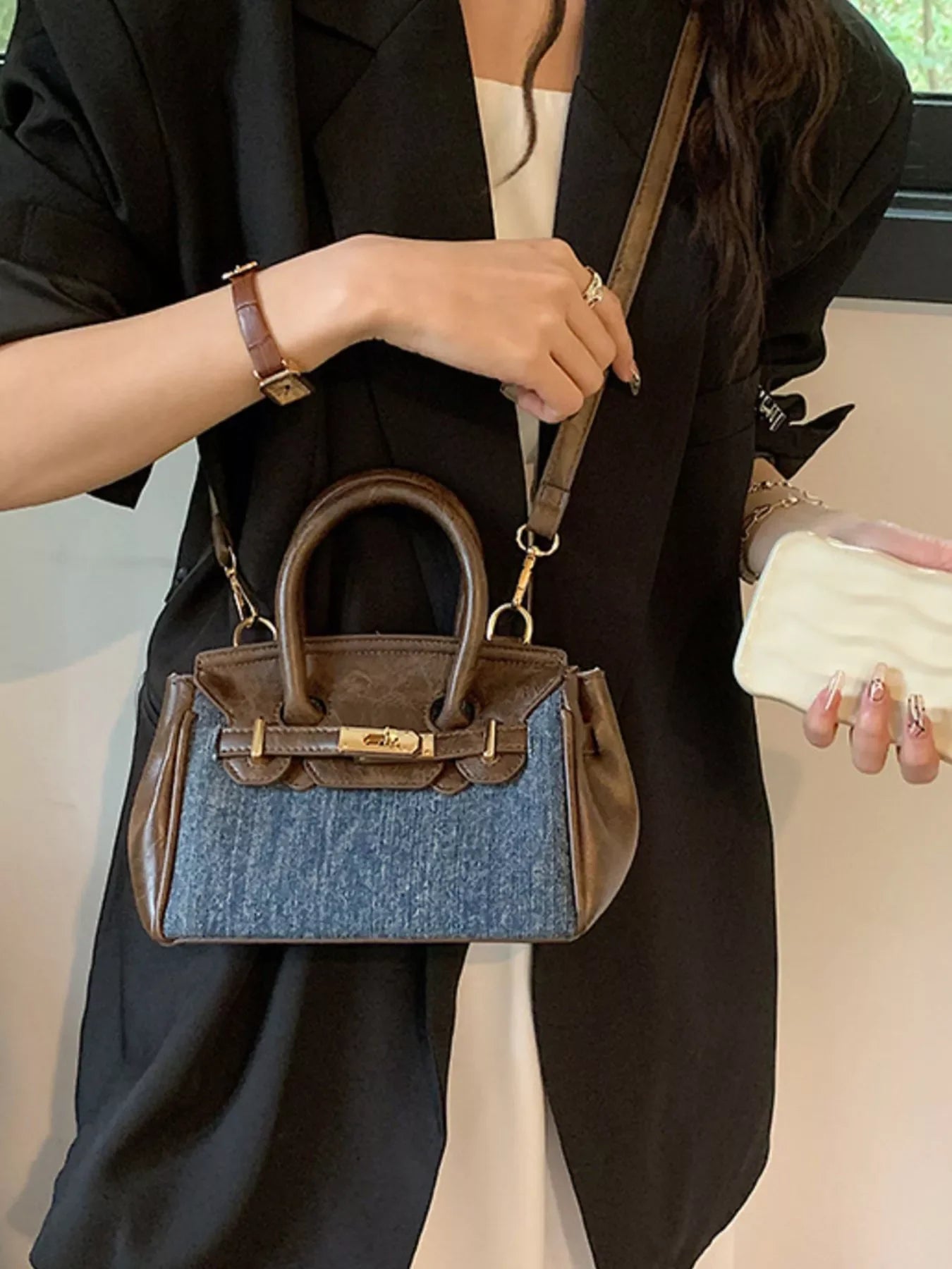 Top Handle Crossbody Bag Denim Accent Details - Southern Shores Clothing