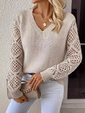 Openwork Stretch V-Neck Long Sleeve Sweater - Southern Shores Clothing