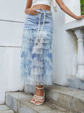 Tiered Ruffle Denim Patchwork Skirt Belted Waist - Southern Shores Clothing