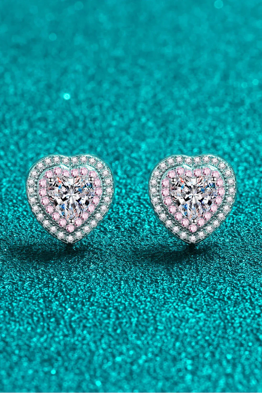 Moissanite Heart-Shaped Stud Earrings With Pink Zircon Halo - Southern Shores Clothing