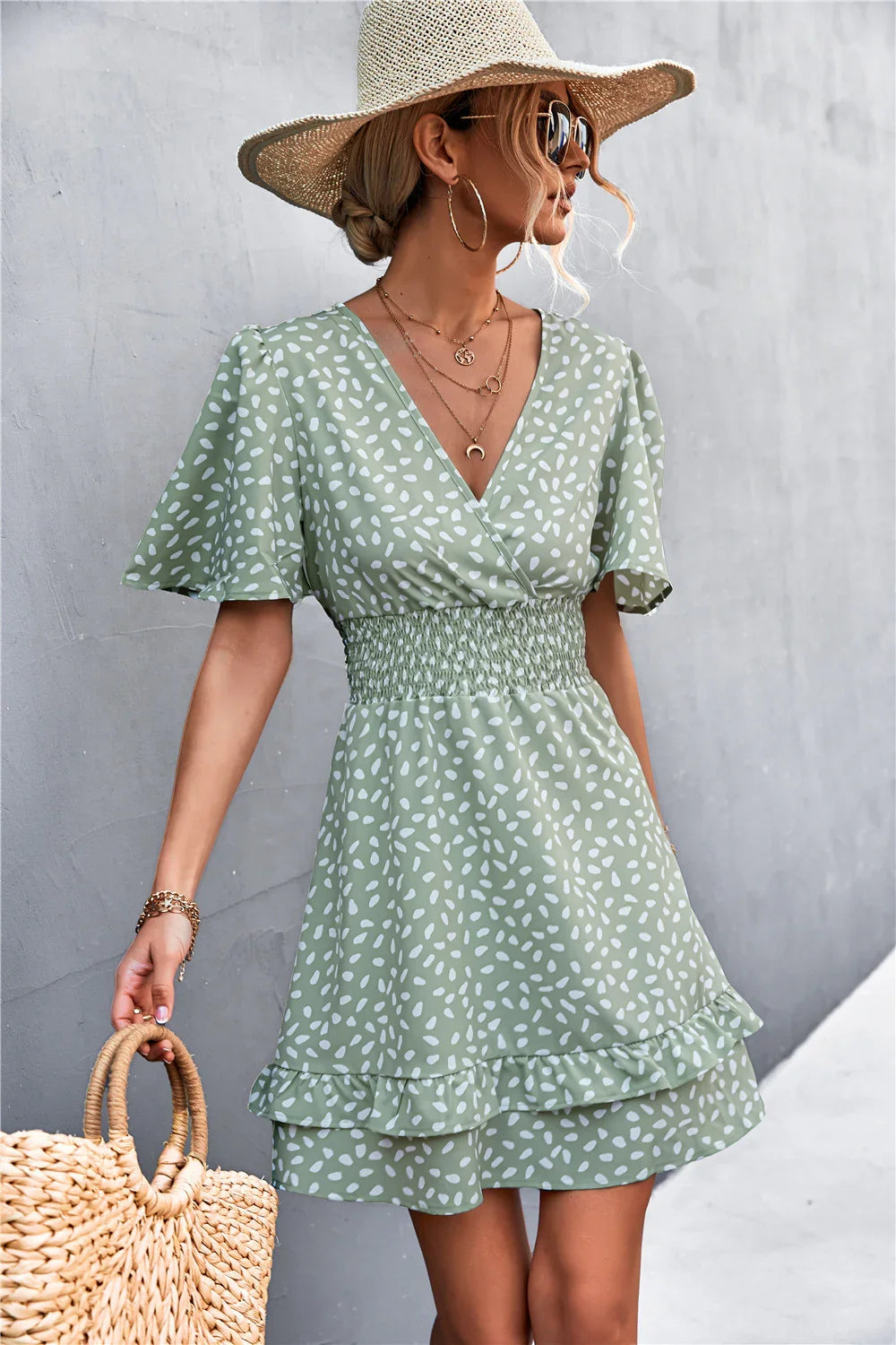 Printed Smocked Waist Layered Surplice Dress - Southern Shores Clothing