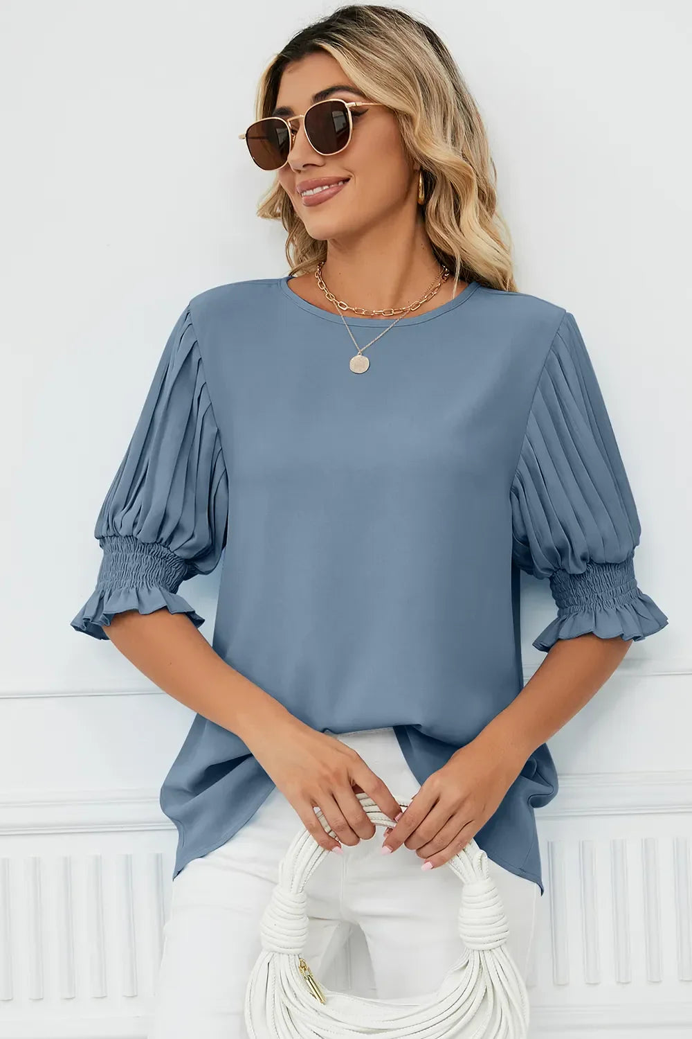 Frill Round Neck Lantern Sleeve T Shirt - Southern Shores Clothing