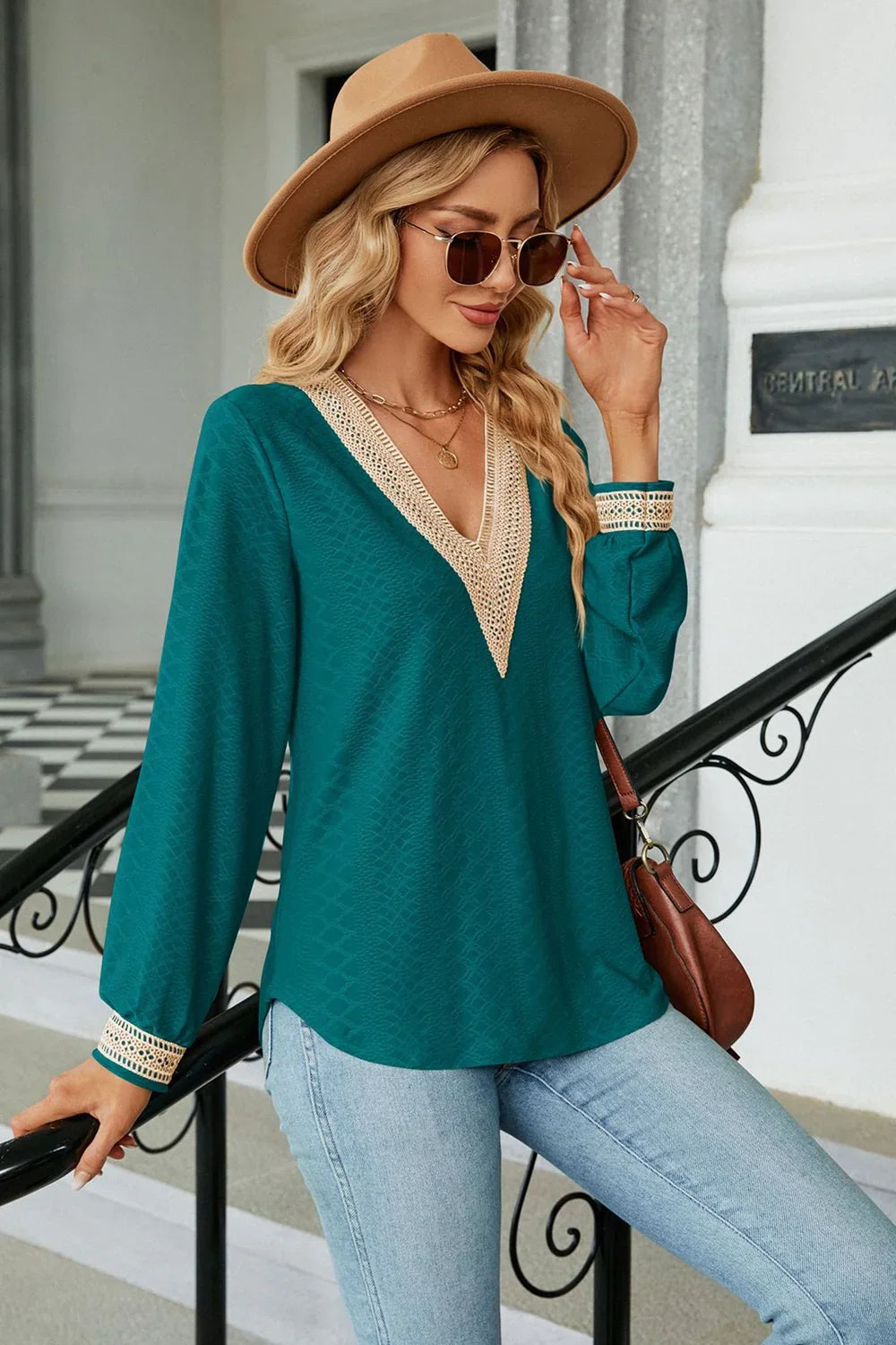Southern Shores Clothing V-Neck Long Sleeve Lace Rayon Blouse For Casual And Sophisticated Everyday Wear - Southern Shores Clothing