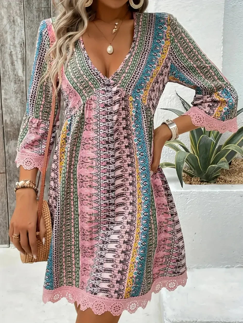 Lace Trim Printed V-Neck Dress With 3/4 Sleeves Boho Style - Southern Shores Clothing