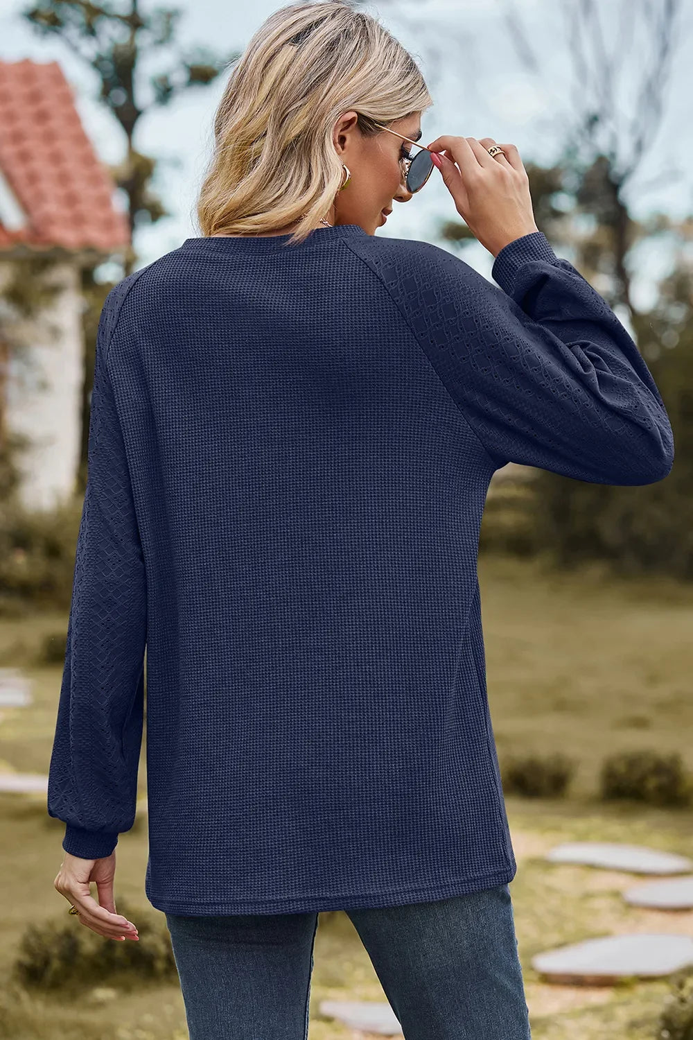 Eyelet Round Neck Long Sleeve T-Shirt - Southern Shores Clothing