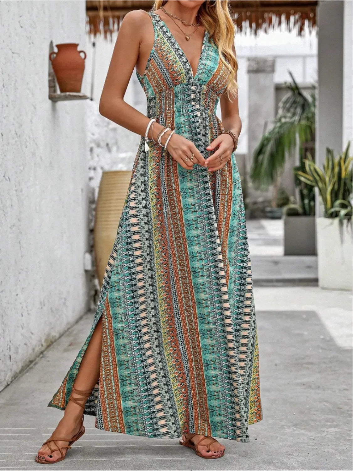 Printed All-Over Tied-Back Sleeveless Maxi Dress With Slit - Southern Shores Clothing
